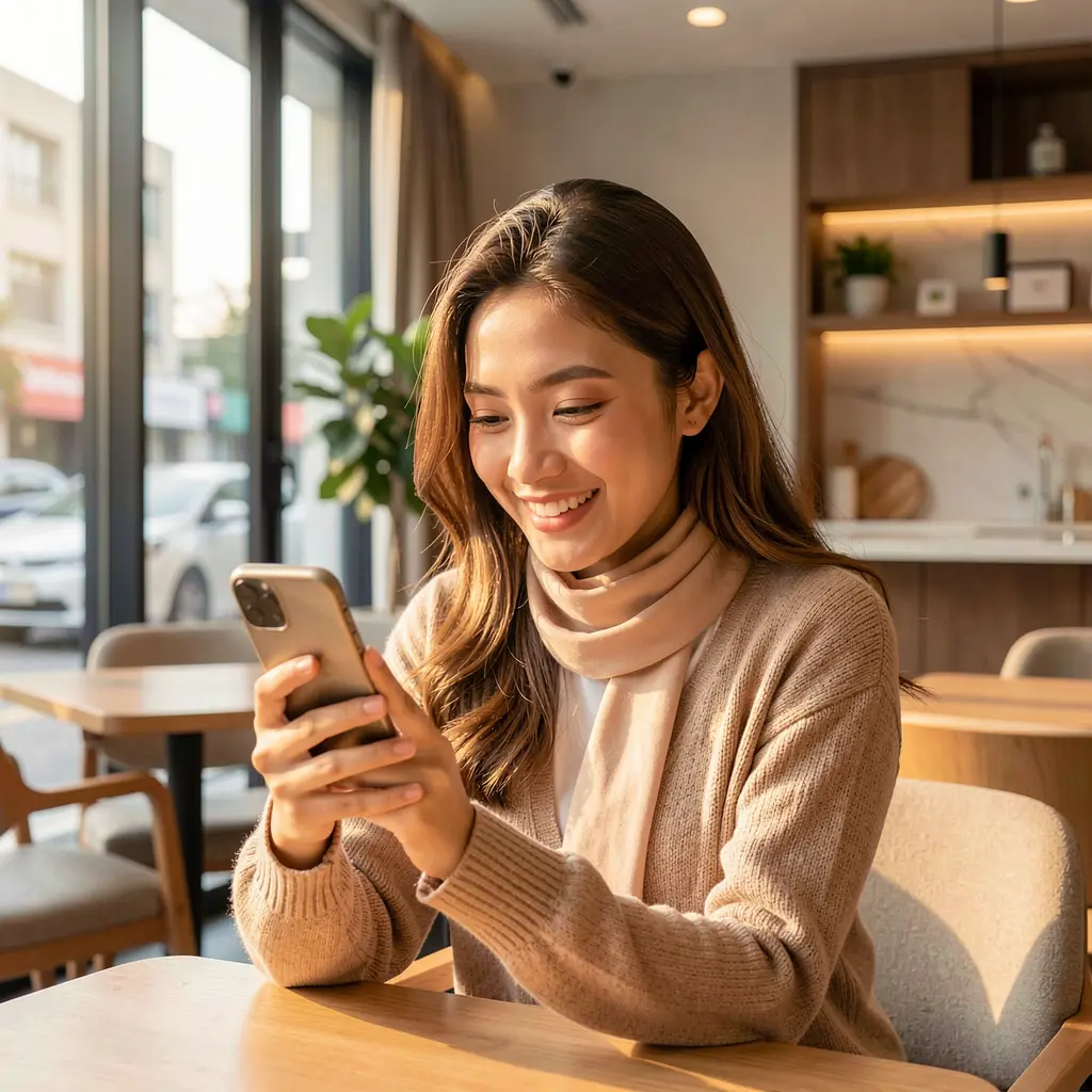 Happy Malaysian woman relaxing indoors while browsing casino games on her phone using the FYI777MY mobile app