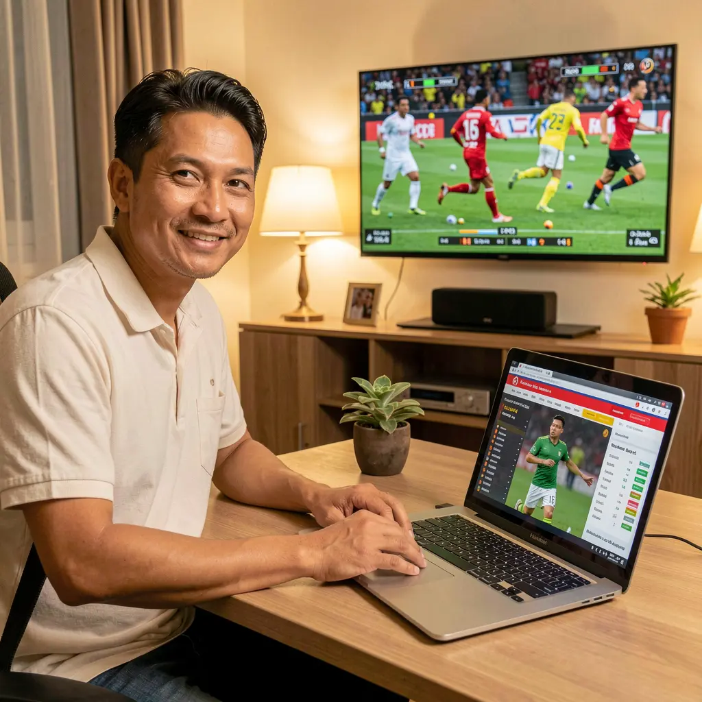 Focused Malaysian bettor using a laptop with the FYI777MY betting platform open while watching a live football match on TV in a cozy home setting