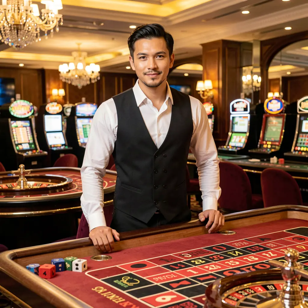 Professional casino dealer in a black vest and white shirt standing by a glowing roulette table in a luxury casino atmosphere at FYI777MY Malaysia