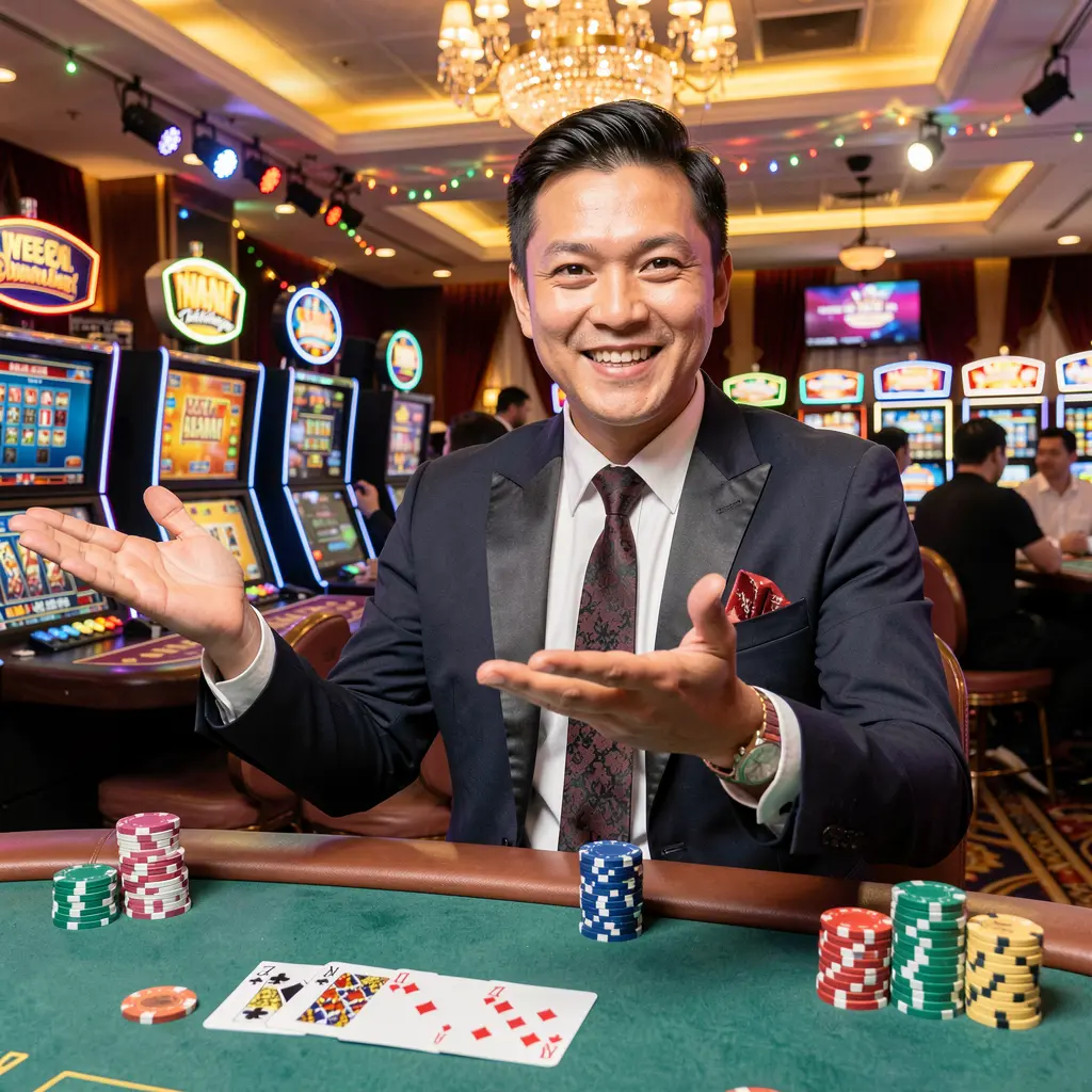 Elegant Malaysian casino dealer welcoming players at a vibrant gaming table filled with chips and cards representing the premium FYI777MY casino login experience