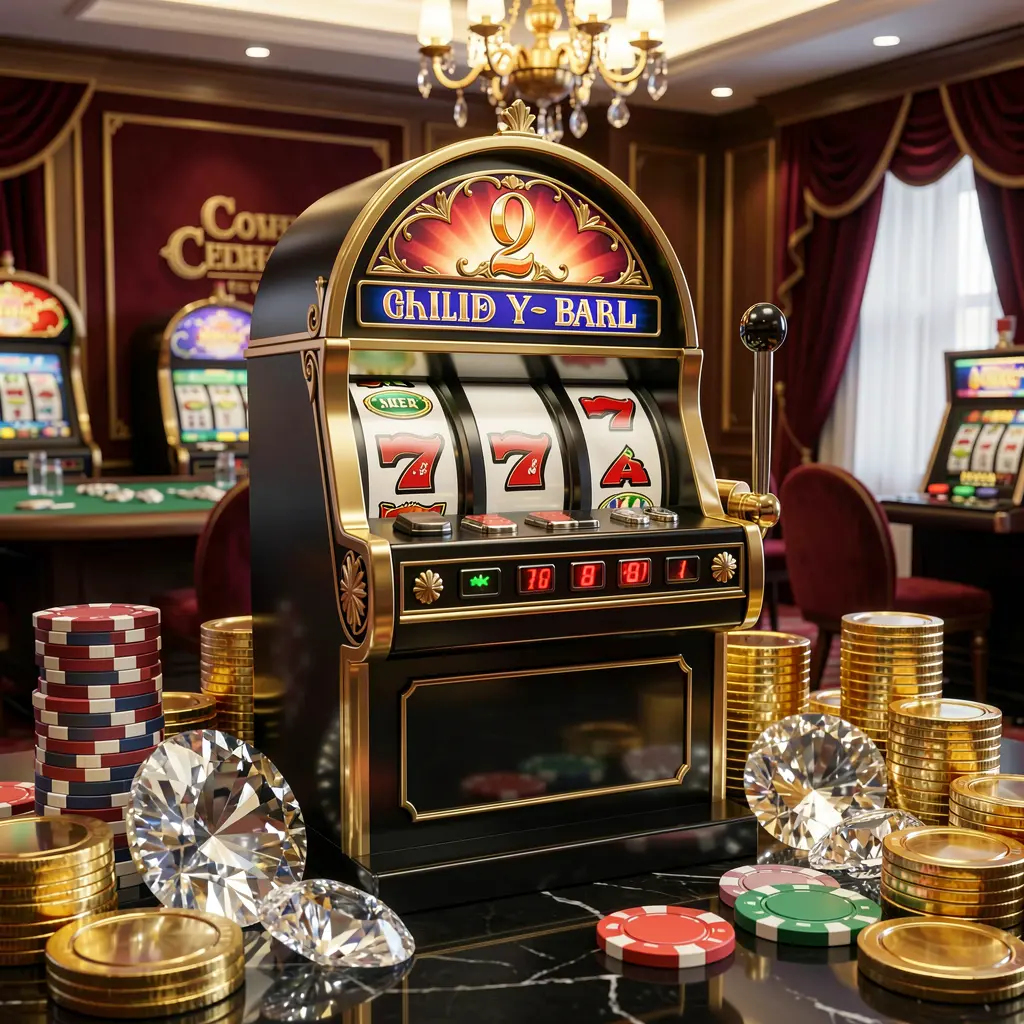 Stylish black and gold slot machine with triple lucky sevens and flying coins showcasing premium casino entertainment at FYI777MY Malaysia